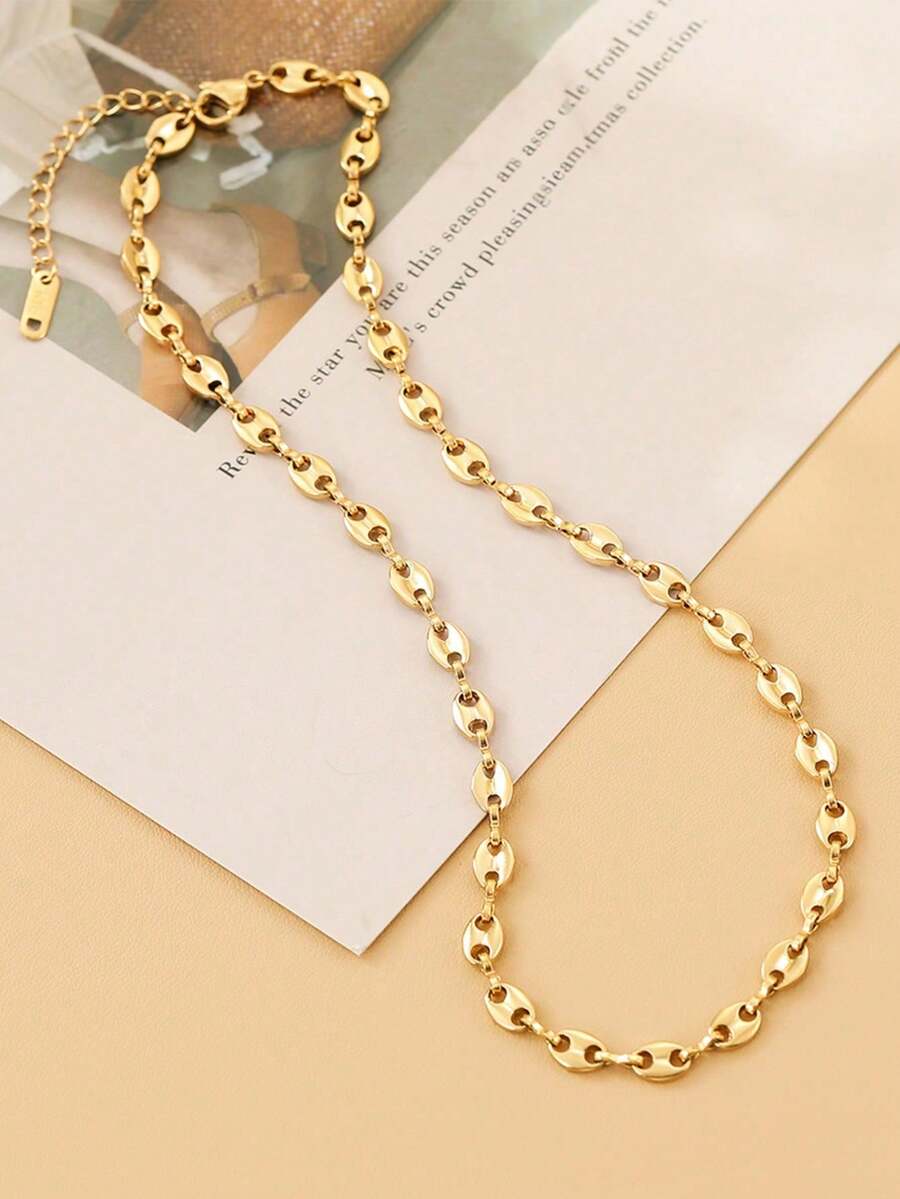 1pc Minimalist Coffee Bean & Pig Nose 18K Gold Plated Delicate Choker Necklace, Versatile & - Yellow Gold - View 1
