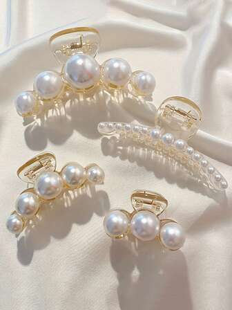 Women's Faux Pearl Plastic Hair Claw Clips, Small/Medium/Large Sizes Set, Fashionable & Elegant Hair Claw Hair Accessories For Daily, Commute, Outdoor & Leisure Use, Gift