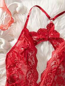 Ning xue yan ying Bodyduit transparente para mujer con escote en V profundo, tejido jacquard, espalda descubierta, decoración de lazo en el pecho, encaje floral con cruce en la entrepierna, decoración de hebilla metálica con forma de corazón, body sexy, body ajustado con acabado de volantes, body sexy para mujer, lencería con temática navideña.