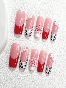 10pcs Elegant Red & White Nail Art Set, Hand-Painted French Manicure Stickers, Medium-Long Almond Shape Nail Stickers, Square Nails, Duck Billed Nails, 3D Floral False Nails, Leopard Print, Water Wave Nail Decorations, Red Nails, White Nails, Includes Tool Kit (1 Jelly Sticker + 1 Nail File), Suitable For Women And Girls, Daily Photo Shoots, Parties, Autumn/Winter Nail Supplies - Nhiều màu - Xem 11