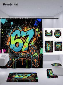 1/3/4pcs Gaming Controller Graffiti Number 67 Shower Curtain Bathroom Sets,Cool Gamer Waterproof And Wear-Resistant Accessories,With 12 Hooks - Includes Toilet Seat Cover, Bath Mats, And Rugs - Plastic Fabric - Washable,Mildew-Resistant - Perfect For Holiday Decor,Home/Bedroom/House/Western/Spring Decor,