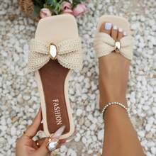 New Arrival Women's Sandals, Flat Square Toe Design, Fresh Bow Accent, High-End Gold-Tone Hardware, Slip-On Style, Lightweight & Comfortable, Mix & Match , Suitable For Home, Spring/Summer Outdoor, Casual Country Vacation, Street Fashion Beach Slippers - 米色 - 查看 7