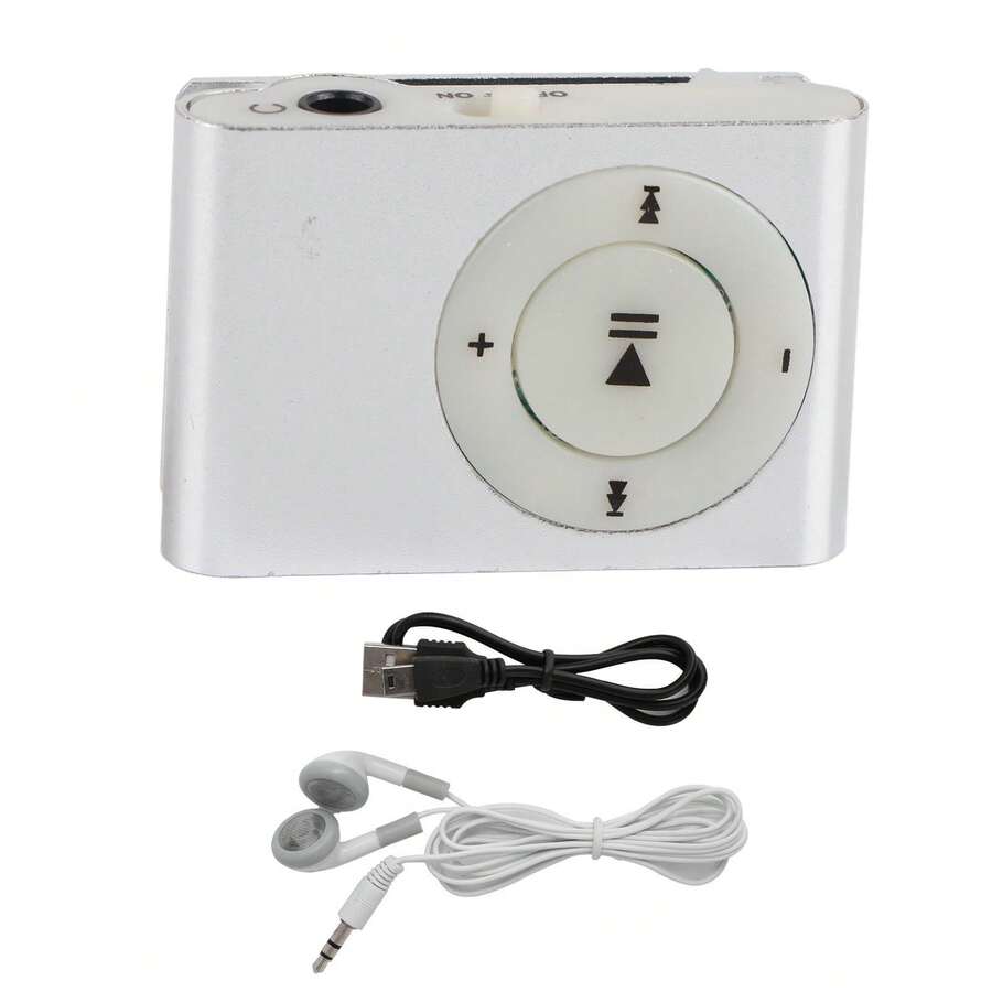 Kompakter silberner MP3-Player mit rückseitigem Clip, Kopfhörern und USB-Kabel – Tragbarer digitaler Musikplayer - Silber - Übersicht 1