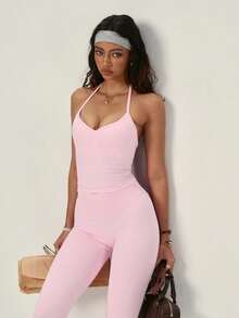 PinkTip 1 Set Women's Fashion Stacked Collar Design Short Cropped Elastic Camisole And Pants Sportswear Set, Solid Color Versatile Spaghetti Strap Casual Backless Minimalist Camisole And Pants Workout Sets For Women, Running, Fitness, Yoga, Outdoor Activities Pink - 粉色 - 查看 1