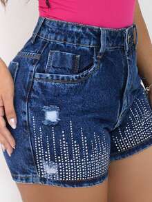 Women's Short Denim Shorts With Dark Rhinestones - 深色水鑽 - 查看 5