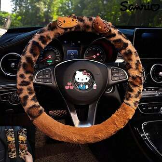 Sanrio Hello Kitty Soft Plush Steering Wheel Protective Cover , Anti Slip, Warm And Dirt Proof In Winter, Gentle And Considerate, Female Sexy Car Steering Wheel Cover Decoration, 38cm/15 Inches Universal Model Sedan SUV Truck