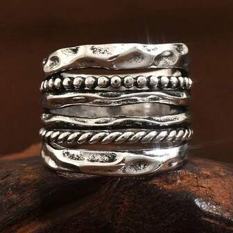 复古时尚女士戒指，个性化多层雕刻创意螺旋设计，适合节日、派对、送礼等多种场合的百搭配饰