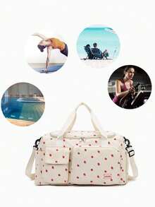 1pc Strawberry Pattern Corduroy Travel Bag, Large Capacity, Can Store Clothes And Electronics, With Separate Shoe Compartment And Waterproof Pocket, Adjustable Shoulder Strap, Suitable For Travel, Swimming, Sports And Fitness - Multicolor - View 6