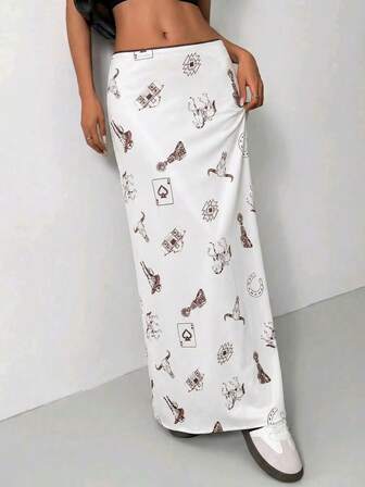 High Waist Flared Skirt, Western Cowgirl Print, Smooth Drape, High Waist Slimming, Suitable For Dates, Shopping, Casual Outings