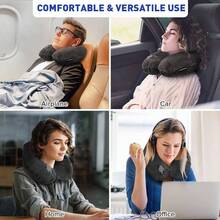 Inflatable Travel Pillow, Inflatable Neck Pillow Traveling Airplane, Travel Pillow With Soft Velour Washable Cover, U Shape Blow Neck Pillow Airplanes Train Car Travel - Xám đậm + Trung bình - Xem 4