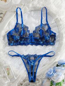 Delicate Lace Embroidered Mesh Sexy Lingerie Set For Women - Royal Blue - View 2