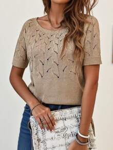 女士纯色休闲简约修身圆领短袖针织毛衣