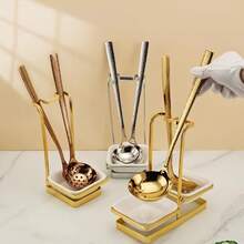 优雅金色不锈钢陶瓷勺筷架 - 开放式收纳设计，配有 2 个方形托盘和调音架，适用于厨房收纳、宴会、自助餐、餐桌装饰 | 现代厨房用具 | 结构，勺架 - 彩色 - 查看 4