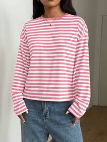SDNGED Women Casual Top, Striped Contrast Ribbed Everyday Wear Spring - Pink - View 7