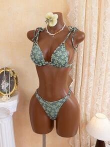 新品春夏绿色碎花面料性感金属环比基尼套装 - 綠色 - 查看 2