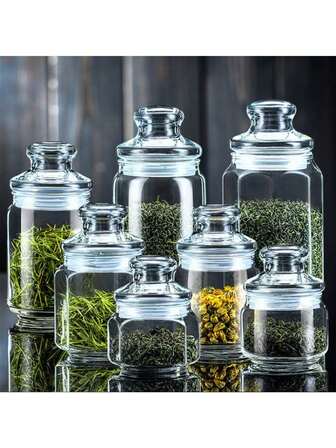 1pc Ocean Imported Portable Tea Canister, Nuts, Candy, Grains, Seeds, Temporary Storage Glass Sealed Transparent Container, Various Sizes, European Style Home Set