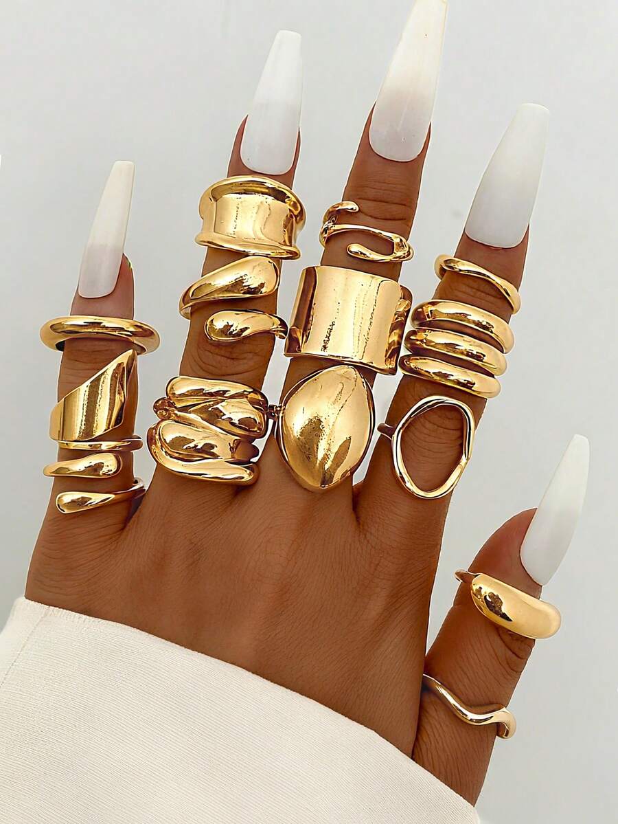 14/5pcs Set Vintage Elegant Bohemian Style Women Geometric Wide Face Asymmetrical Line Design Metal Ring Set, Suitable For Daily Wear - Gold 4 - View 1