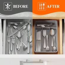 Silverware Tray, Cutlery Drawer Organizer Storage Kitchen, Plastic Flatware Utensil Holder Divider Spoons Forks Knives Tableware, 4 Compartment, Black - 7.8 x 12.4 英吋(4 個插槽)+ 灰色 - 查看 7