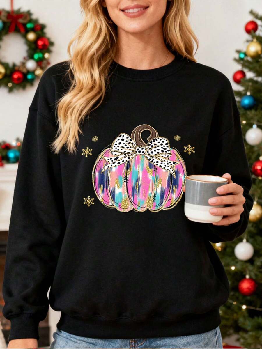 Blusa de sudor para mujer con estampado de calabaza de colores brillantes y lazos de lunares, adecuada para fiestas de Halloween, regalo para amantes de la moda, cómoda y elegante - Negro - Ver 1