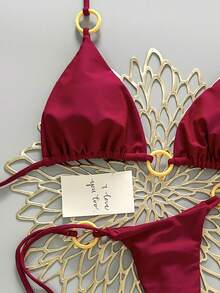 2pcs Casual Cute Elegant Sexy Bohemian Floral Tie-Up Braided Bikini Swimsuit, Beach Vacation, Spring/Summer - Red - View 3