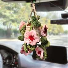 1pc Crochet Plant Decor, Boho Handmade Car Rear View Mirror/Room Hanging Accessory, Suitable For Women & Girls, Green Car Interior Aesthetic Decor, Truck Hanger Ornament Charm For Men - Multicolor - View 22