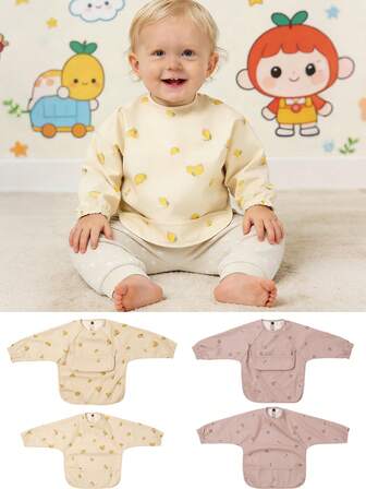 1件婴儿儿童柔软涤纶长袖围兜，带口袋，易于清洗，卡通水果图案设计，防水喂食围兜，婴幼儿用餐必备品