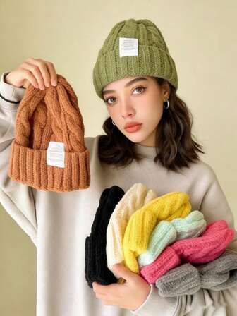 1pc Women's Multicolor Knit Hat, Warm & Windproof, Casual & Elegant, Autumn/Winter Crochet Embroidery Knitting Hat, Stylish Versatile Warm Knit Hat, Suitable For Fall/Winter Women's Autumn/Winter Japanese Alphabet Bunting Hat Fashion Multi-Purpose Pullover Hat, Women's Influencer Ear Flap Head Cover Warm Cold Hat