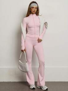 PinkTip Pink Tip Women's Solid Color Seamless Elastic Jacket & Leggings Sports Set, Butt Lifting Slim-Fit Soft Pants, Casual Sportswear For Daily, Fitness, Workout, Running, Yoga, Pilates Spring - 粉色 - 查看 7