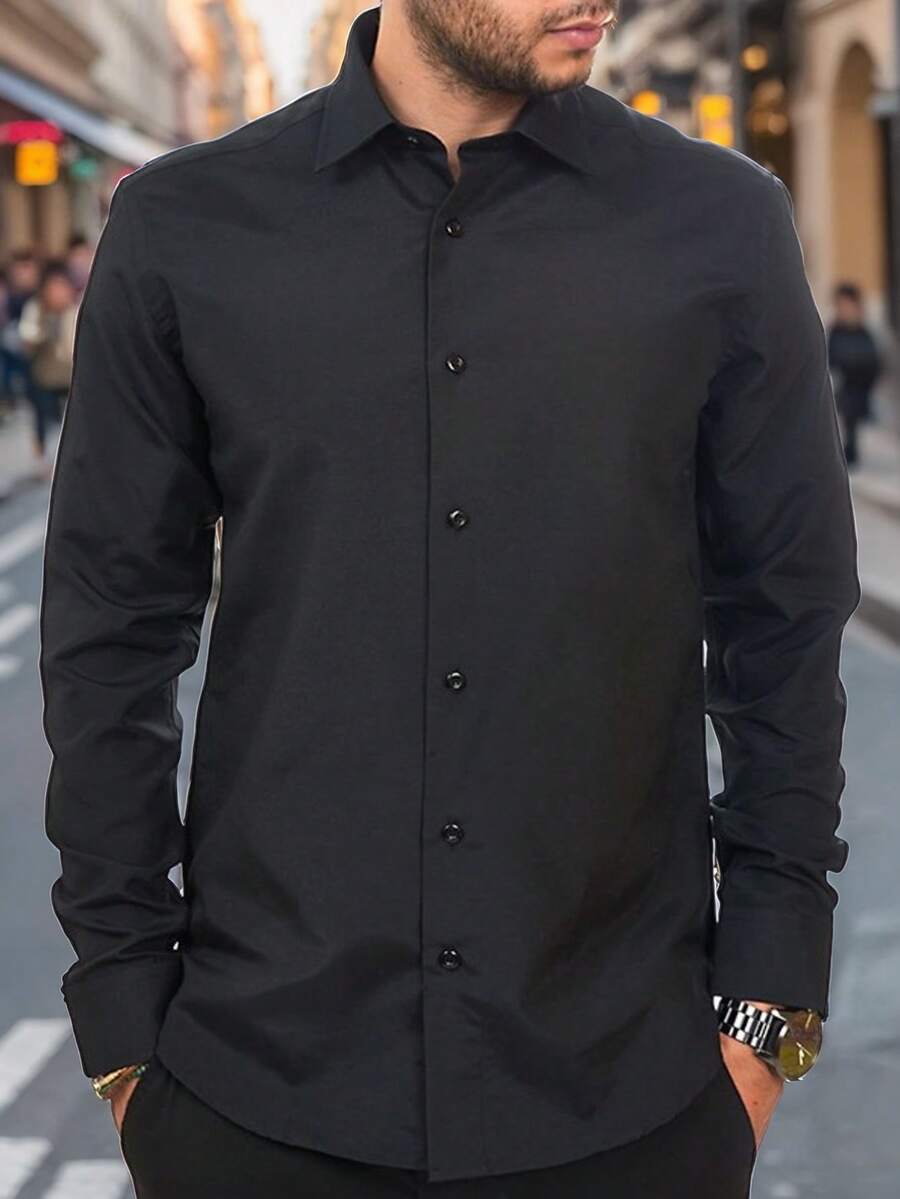 Men's Dress Shirt Slim Fit Classic-Fit Dress Shirts Long Sleeve Button Down Casual Work Office Blouse Top  ﻿ - 黑色 - 查看 1