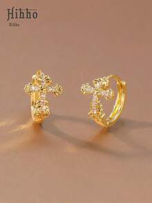 Hihho 一对雕花十字架耳环，复古宗教风格，银色和金色可选，饰有雕刻十字架轮廓和镶满水钻，适合复古主题服装、宗教场合、休闲派对等场合佩戴。 - 十字 - 查看 8