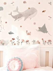 1 pièce Sticker mural de créatures océaniques imaginatives - Autocollant vinyle amovible et réutilisable, comprend des designs de baleine, méduse, crabe. PVC lavable pour la chambre d'enfant et la décoration de la maison - Multicolore - Voir 5