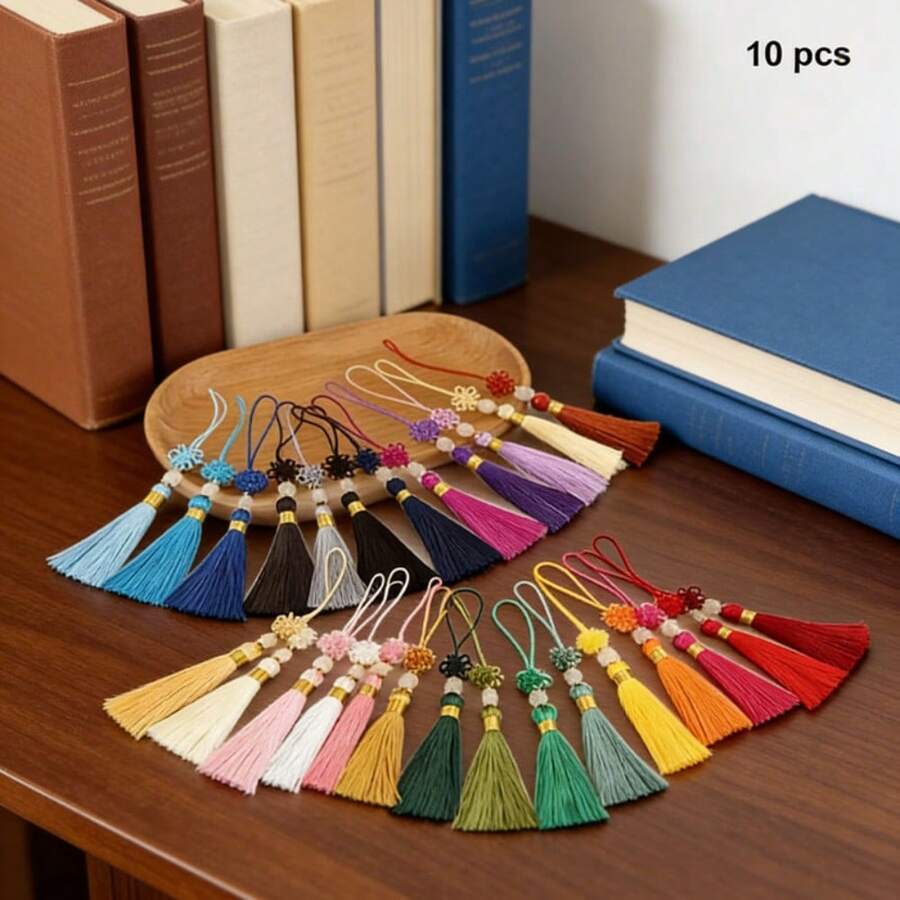 10pcs/Pack 4.92/5.31 Inch Chinese Knot Jade Bead Tassel Bookmarks, Gift Box, Folding Fan, USB Decoration, Tassel Pendant, DIY Jewelry Earring Hair Accessory Craft Materials, Home Decor Accessories, 2026 New Arrival, Best Seller