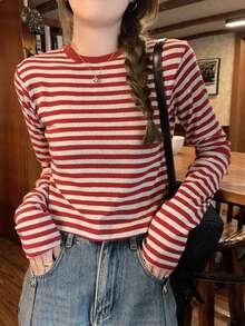 Early Spring Korean Style Colorblock Striped Cropped Design Versatile Long Sleeve Women T-Shirt Top (Stripe Pattern Random) Casual Red - Red - View 3