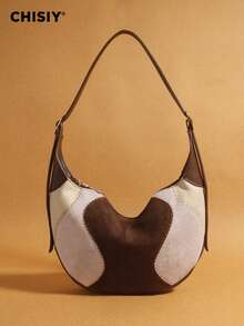 Bolsos Para Mujer Original Handmade Bologna Fashionable Patchwork Art Color Block Large Capacity Multi-Color Crescent Tote Bag, Casual Business Lady Commute Bag, Elegant Design Shopping Multi-Function Shoulder Bag, Valentine's Day/New Year Gift, Suitable For Work Commute, Shopping, Travel, Autumn/Winter - 棕色 - 查看 1