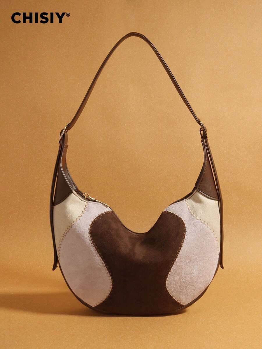 Bolsos Para Mujer Original Handmade Bologna Fashionable Patchwork Art Color Block Large Capacity Multi-Color Crescent Tote Bag, Casual Business Lady Commute Bag, Elegant Design Shopping Multi-Function Shoulder Bag, Valentine's Day/New Year Gift, Suitable For Work Commute, Shopping, Travel, Autumn/Winter - 棕色 - 查看 1