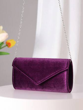 天鹅绒信封手提包 女士晚宴包 女士日用手拿包 日常手拿包 婚礼派对闪亮金属链条丝绒斜挎包 紫色