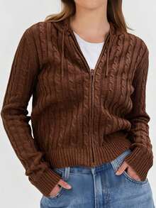 Women's Spring Cable Knit Hooded Cardigan Fashionable Casual Solid Color Long Sleeve Zip Up Sweater Casual Street - 深棕色 - 查看 3