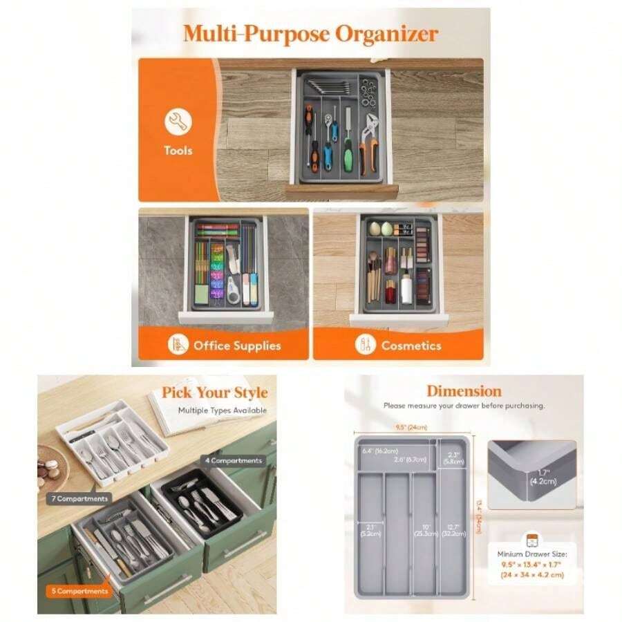 Silverware Tray, Cutlery Drawer Organizer Storage Kitchen, Plastic Flatware Utensil Holder Divider Spoons Forks Knives Tableware, 4 Compartment, Black - 9,5 x 13,4 inch (5 khe cắm) + Xám - Xem 1