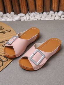 大码 36-45 夏季时尚休闲粉色金属扣坡跟凉鞋，舒适轻便户外罗马拖鞋，百搭女士厚底凉鞋 - 特級粉紅色PU - 查看 7
