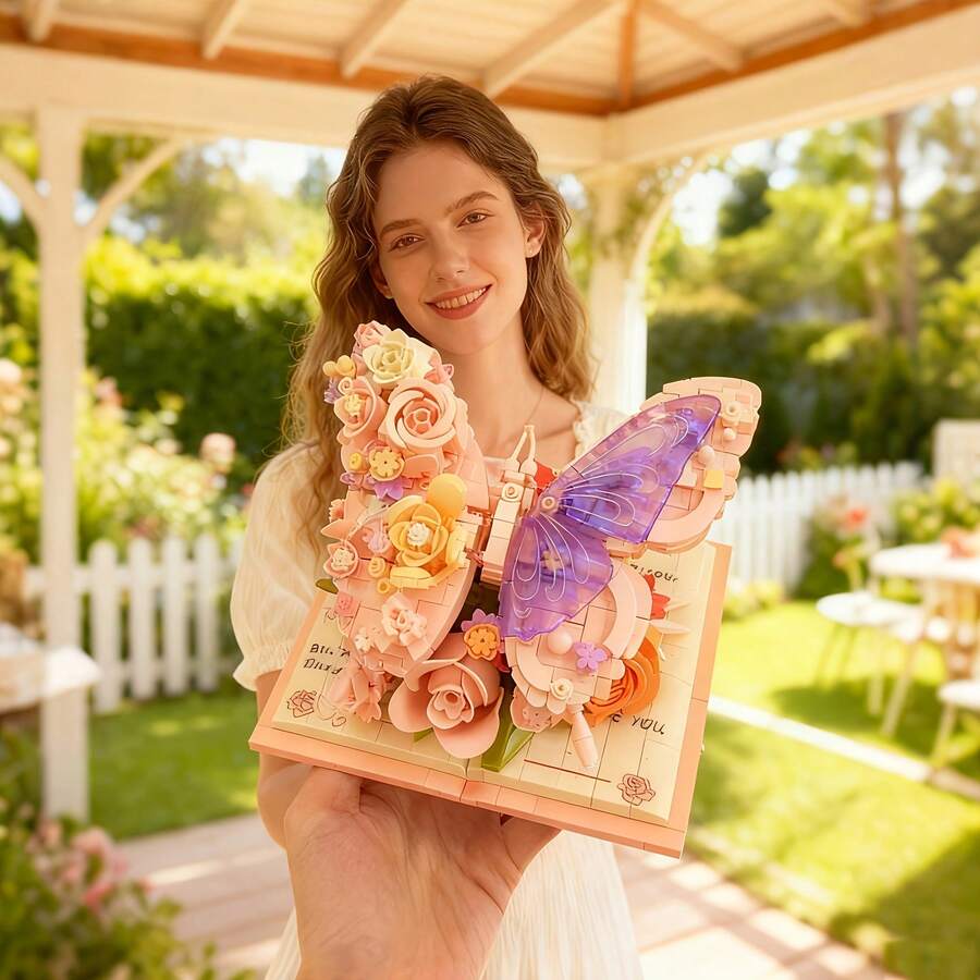 3D Schmetterlingsstrauß handgefertigtes Geschenk für Frauen Heimdekoration Mode mit Sockel abnehmbare Bausteine Ornament Feiertagsparty Weihnachtsdekoration - 850 Stücke Premium modisch hell kreativ rosa Phalaenopsis Orchidee Serie handgefertigte Montage Bausteine Möbeldekoration Ornament Set, geeignet für Valentinstag, Halloween, Weihnachten, Muttertag, Geburtstagsgeschenk und modisches Schreibtischornament für Frauen, Valentinstagsgeschenk - Verschiedenfarbig - Übersicht 1