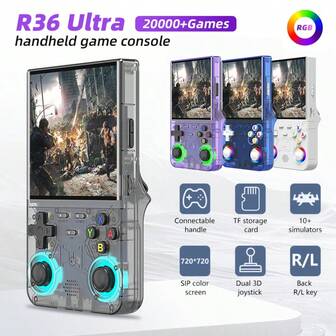 New R36 Ultra Handheld Game Console Is Equipped With Over 20000 Games And RGB Lighting Effects That Can Be Adjusted. It Supports 7 Types Of Lighting And Can Be Connected To WiFi. It Also Supports Dual Player Online Multiplayer With Multiple Colors To Choose From