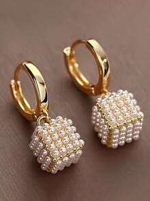 1 Pair Elegant French Style Pearl Square Hoop Earrings, Fashionable & Versatile Jewelry