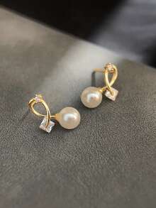 1 Pair Minimalist Criss-Cross Faux Pearl Stud Earrings, Stone Fashion Commuter Earrings For Women, Elegant