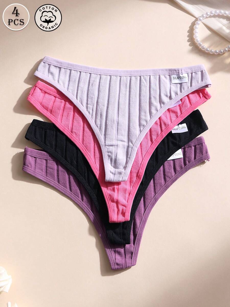 4 piezas de bragas de algodón para mujer, de cintura baja, sin costuras, acanaladas, de unicolor, cómodas y transpirables, ropa interior deportiva sexy - Multicolor - Ver 1