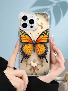 1PC Funda transparente con diseño de mariposa monarca naranja sobre flor blanca y detalles dorados, estilo minimalista clásico y elegante, protección contra caídas, ideal para mujeres y amantes de la naturaleza y el arte decorativo, regalo perfecto para fiestas, amigos, pareja o familia : funda transparente resistente a golpes, compatible con Apple Phone17/16/15/14/13/12/11/XS/XR/X/PLUS/PRO/PROMAX, agarre cómodo, regalo ideal para ocasiones especiales - transparente - Ver 2