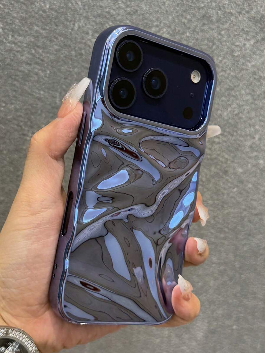 3D亮面纯色波浪纹软硅胶手机壳，兼容 17 Pro Max、17、16、15、13、14、12、11 Pro Max Plus，奢华亮面防震手机壳 - 亮面藍 - 查看 1