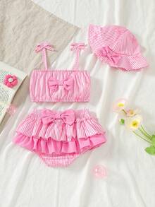 3pcs/Set Baby GirlCasual Cute Plaid Print Camisole, Spaghetti Strap Top And Briefs Set With Hat - Pink - View 1