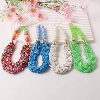 Collar de cuentas hecho a mano de colores múltiples - Caramelo colorido/Azul fresco/Blanco minimalista/Verde vibrante, textura tejida multicapa + acentos de cuentas grandes, collar gargantilla de diseño único, joyería versátil y elegante para uso diario, vacaciones, regalos