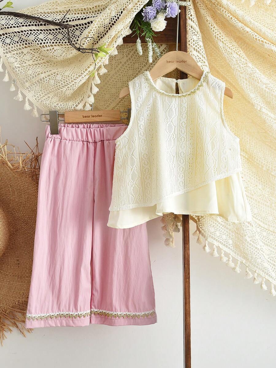2pcs/Set Young Women Casual Asymmetric Hem Round Neck Sleeveless Top And Pants Set, Suitable For Summer - Pink - View 1