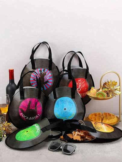 6个/3个摇滚派对礼品袋，复古50年代摇滚音乐黑胶唱片手提袋，50年代音乐黑胶唱片，无纺布复古/45转唱片盒，无纺布手提袋，适用于50年代、60年代、70年代、80年代音乐、生日派对用品、装饰品、礼品袋、摇滚主题装饰品和礼品包装